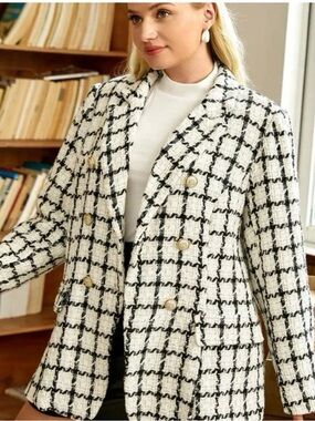 SHEIN Black & White Check Bouclé Double-Breasted Blazer